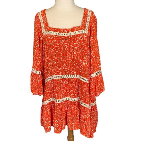 Free People Size Large Orange Boho Print Tunic Top Blouse W Ivory Crochet Trim - Picture 5 of 9